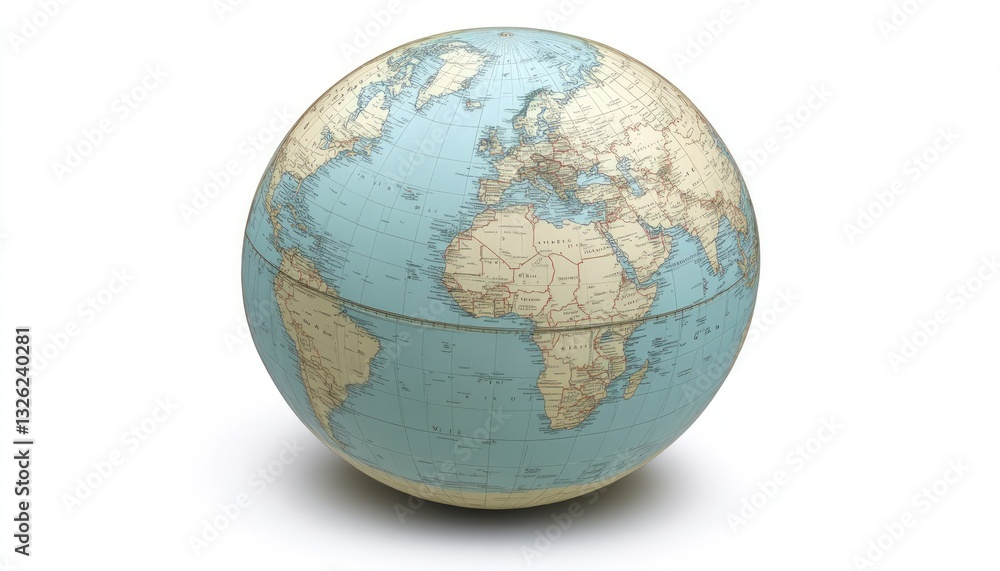 Fototapeta premium Globe with map on white background showing continents and dots representing global data concepts