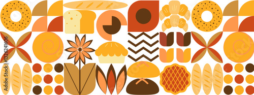Bread and pastries abstract background. Geometric pattern bakery menu bread, croissant, donut, cupcakes. Pastries and dessert in trendy style, seamless pattern with icons related to bakery, cafe.