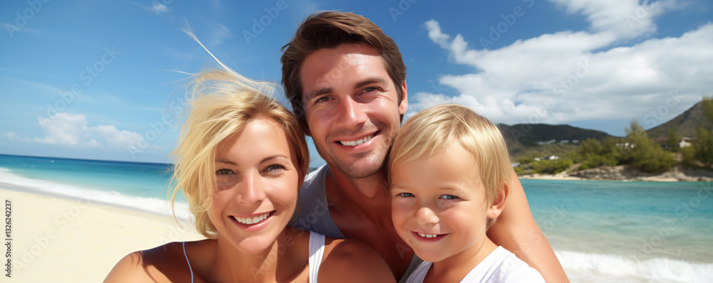 Family enjoying a sunny beach day while capturing joyful moments with smiles and laughter Family enjoying a sunny beach day while capturing joyful moments with smiles and laughter