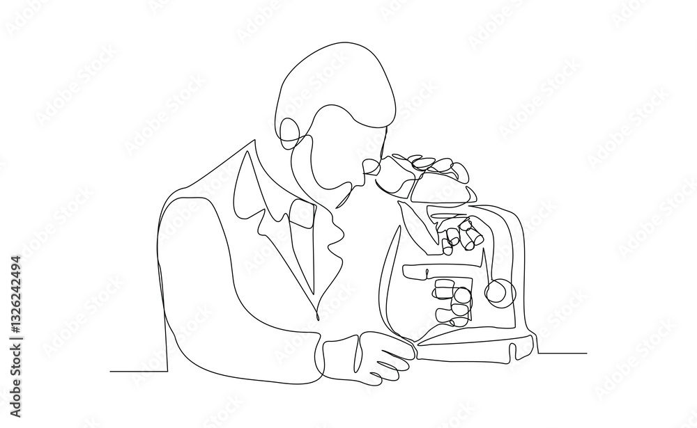 Continuous line single line of man professional scientist microscope science technology for biology research and laboratory microbiology. Sketch drawing editable stroke vector illustration Continuous line single line of man professional scientist microscope science technology for biology research and laboratory microbiology. Sketch drawing editable stroke vector illustration