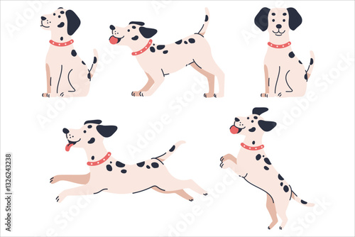 Collection of adorable cartoon dalmatian dogs in different poses. Perfect for children's illustrations, pet-related designs, and playful graphics.