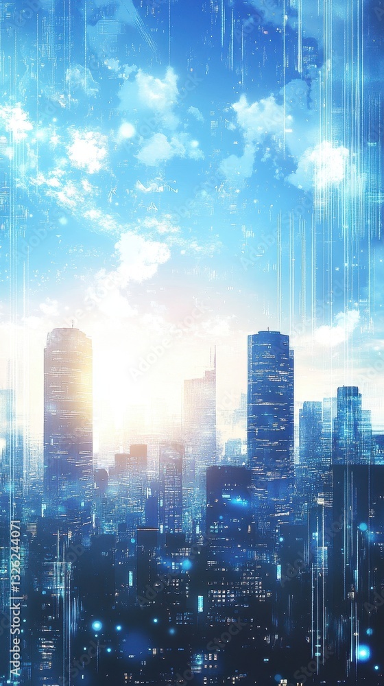 A Futuristic City Skyline Under a Clear Cloudy Blue Sky A Futuristic City Skyline Under a Clear Cloudy Blue Sky