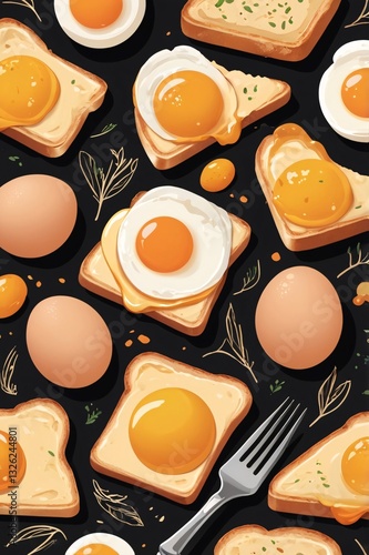 Hand-drawn illustration of fried eggs on toast with a realistic and artistic touch
