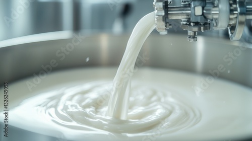 Close-Up of Liquid Milk Flowing from Valve into Filling Tank in Industrial Setting