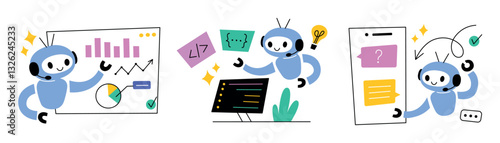 Collection of cute AI robot assistant scenes. Flat cartoon illustrations of artificial intelligence analyzing data, charts and dashboards, coding, editing, answering questions in chatbot set
