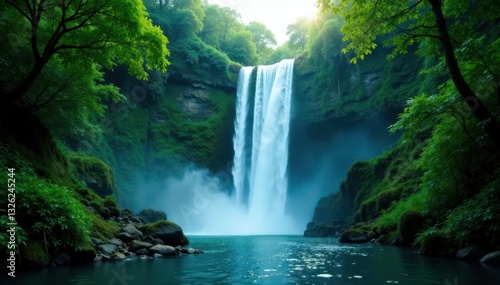 Powerful waterfall plunging through dense jungle , Kauai, photography