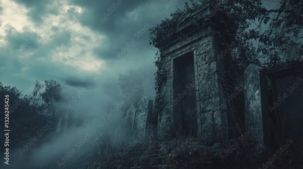 Fototapeta premium Spooky ancient stone structure in a misty forest at night
