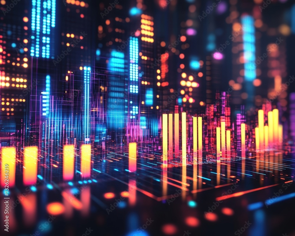 Bright urban city with glowing neon lights creating a colorful and energetic night scene Bright urban city with glowing neon lights creating a colorful and energetic night scene