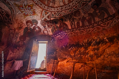 Wall paintings inside Abune Yemata rock-hewn church in Tigray, Ethiopia