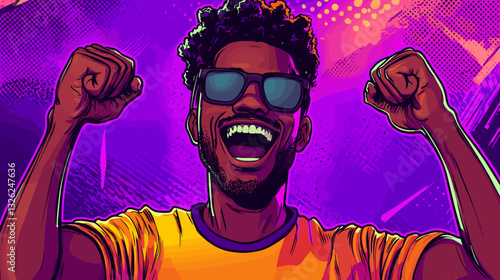Excited young man celebrating with fists raised against vibrant purple background