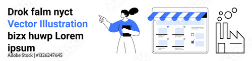 Businesswoman presenting at a website interface with analytics data, charts, and graphs. Ideal for marketing, web design, e-commerce, presentations, data analysis, business strategy user engagement