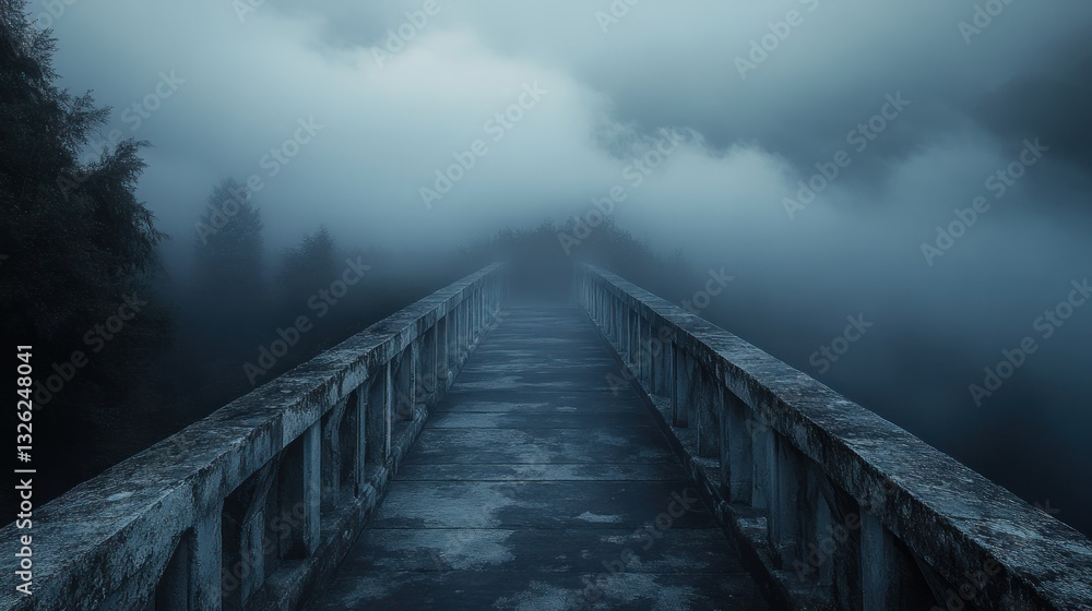 Fototapeta premium Foggy Bridge Leading into the Unknown Mysterious Pathway in a Misty Forest