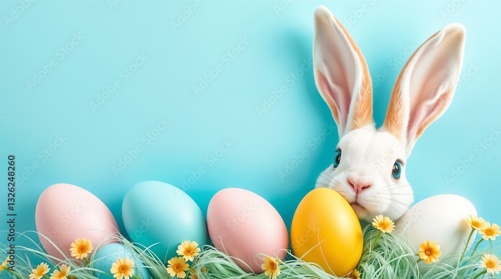 Obraz premium Easter party concept. easter bunny ears white pink blue and yellow eggs on isolated pastel blue background with copyspace in the middle