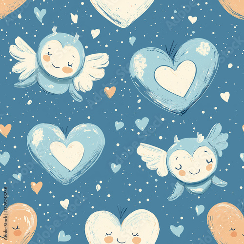 Charming seamless pattern for wallpaper with cute cartoon hearts and cupids for Valentine's Day designs