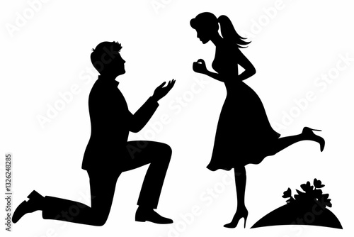 boyfriend proposing to his girlfriend line art silhouette vector illustration