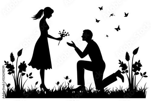 boyfriend proposing to his girlfriend line art silhouette vector illustration
