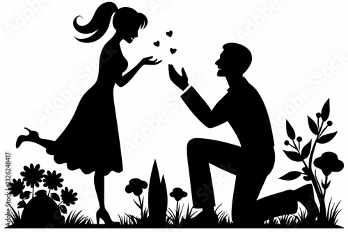 boyfriend proposing to his girlfriend line art silhouette vector illustration