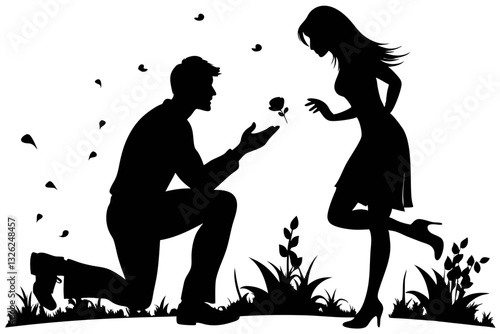boyfriend proposing to his girlfriend line art silhouette vector illustration