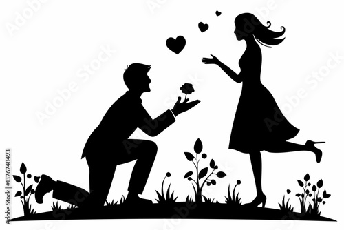 boyfriend proposing to his girlfriend line art silhouette vector illustration
