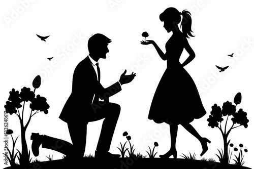 boyfriend proposing to his girlfriend line art silhouette vector illustration