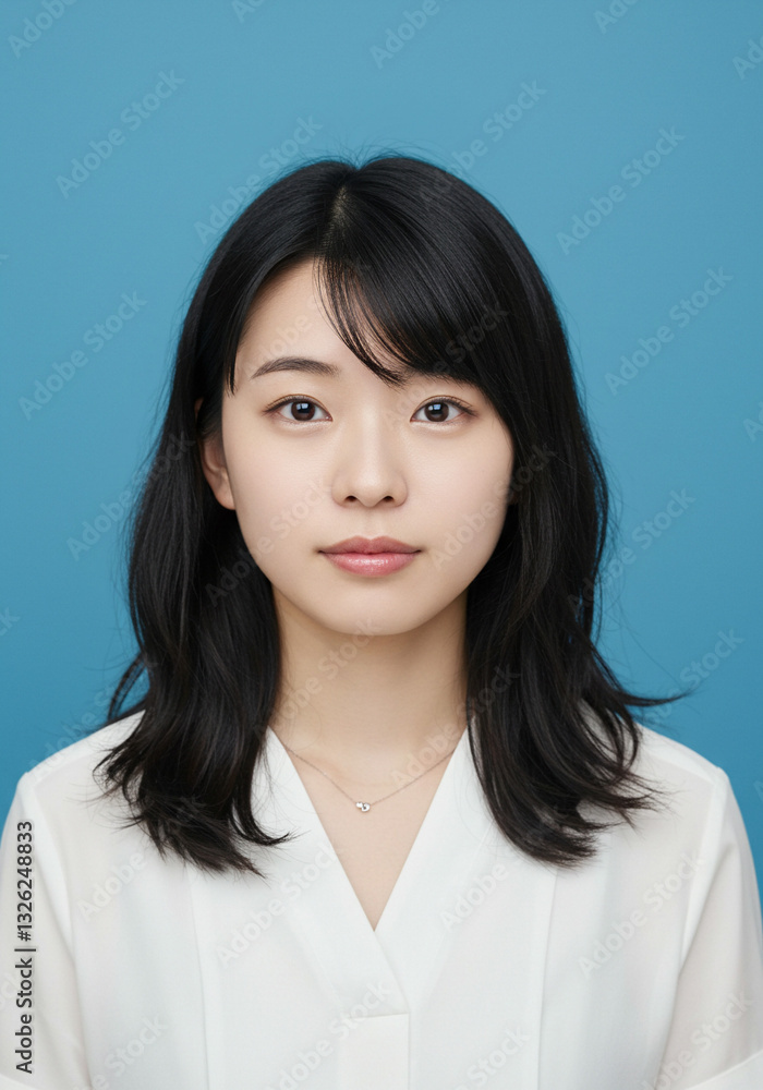 日本人女性のポートレート、証明写真、上三分身、青背景 日本人女性のポートレート、証明写真、上三分身、青背景