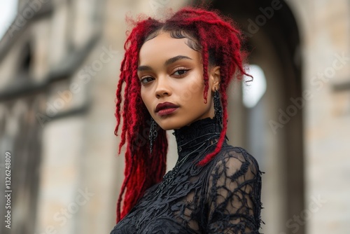 Elegant gothic woman with red dreadlocks wearing a black lace dress, standing in front of a historic architectural background