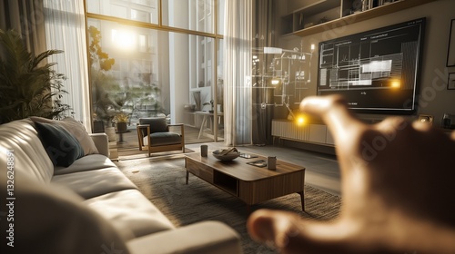 Wallpaper Mural a person  living room using mixed-reality spatial computing to control their home: resizing holographic furniture, adjusting lighting with gestures Torontodigital.ca