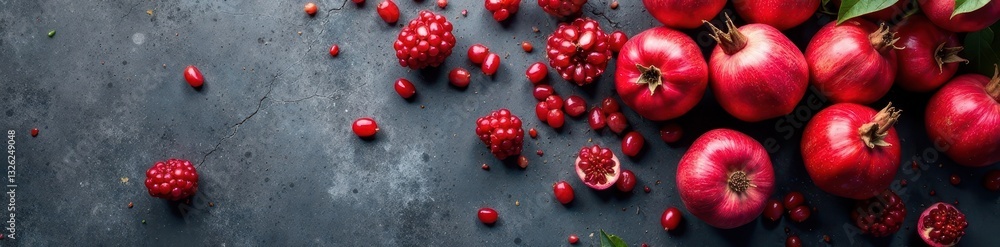 Scattered pomegranate blooms, intense red against stark concrete , high angle shot, red flowers, outdoor scene