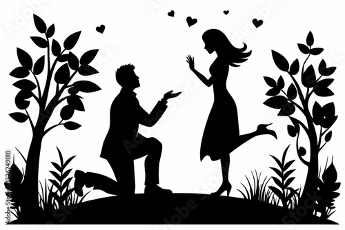 boyfriend proposing to his girlfriend line art silhouette vector illustration