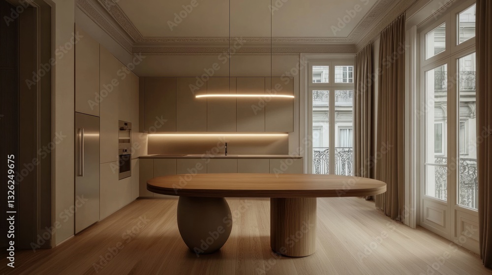Fototapeta premium Modern minimalist kitchen with oval wood dining table and beige cabinetry.