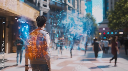 cityscape where people interact with quantum-generated holograms
