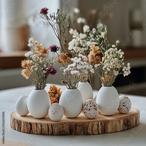Floral Arrangement in Decorative Egg Vases With Natural Elements on a Wooden ...