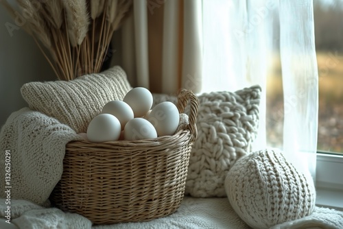 Fresh Eggs Arranged Beautifully in a Woven Basket Surrounded by Delicate Flow...