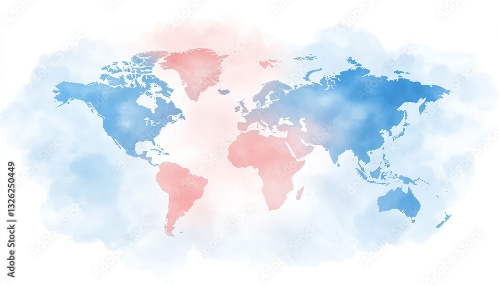 Obraz premium Watercolor world map in shades of blue and red depicting global concepts floating amidst white clouds. Illustrated with a pixelated appearance. Isolated on white background