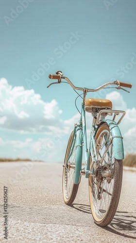 A colorful bicycle positioned on a scenic road surrounded by lush greenery and nature views