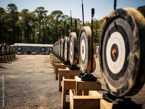 Archery range setting long targets correctly with archers focusing to improve accuracy