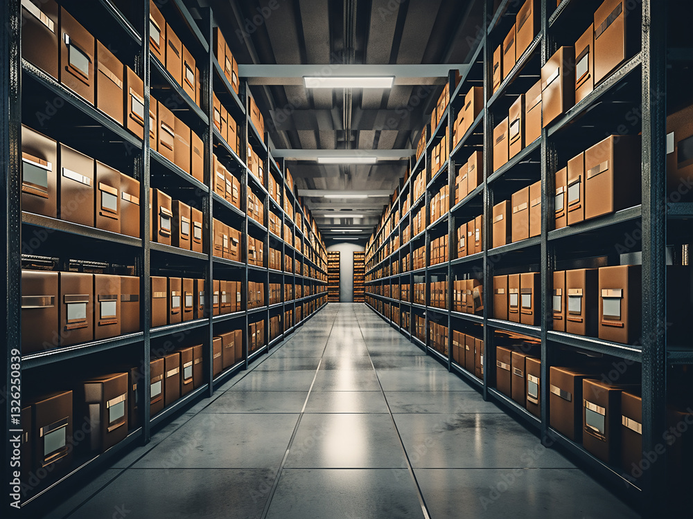 Fototapeta premium Archive room with extensive shelving units and clear filing system keeping records safe