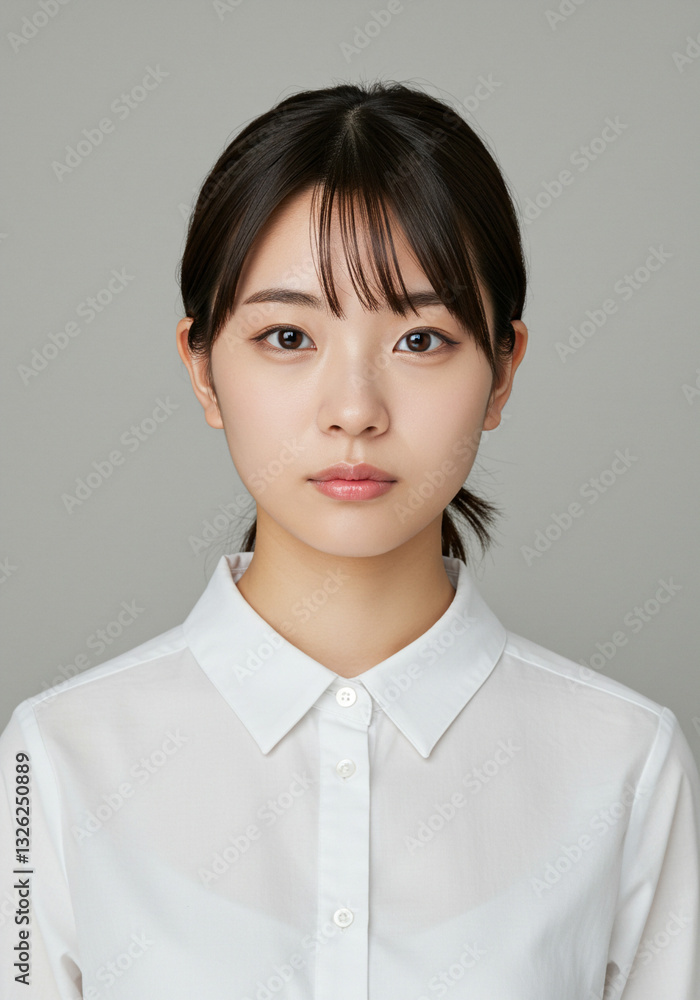 日本人女性のポートレート、証明写真、上三分身、灰色背景 日本人女性のポートレート、証明写真、上三分身、灰色背景