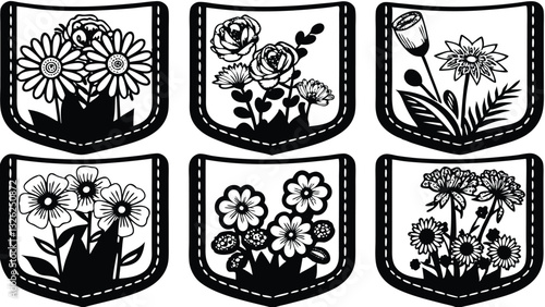Set of black and white floral shields. Vector illustration ready for vinyl cutting.