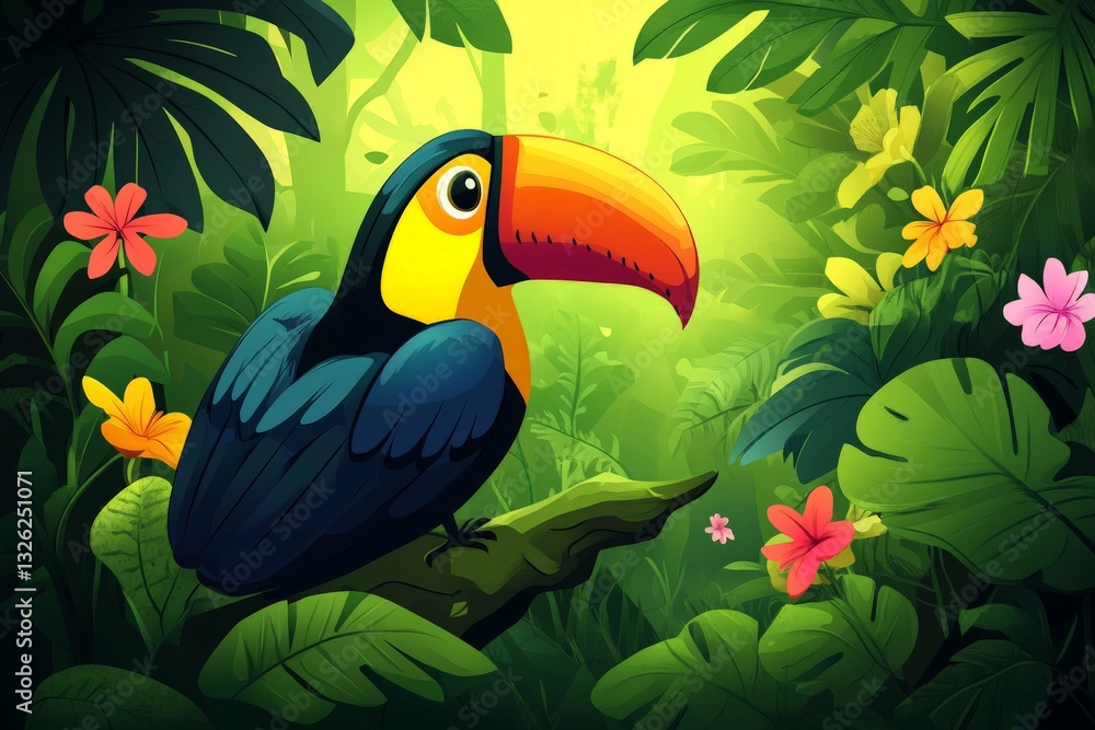 Fototapeta premium Colorful toucan perched on a branch surrounded by tropical foliage and vibrant flowers in a rainforest setting