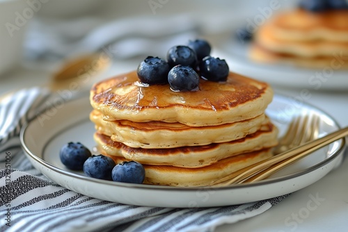 Delicious Stack of Fluffy Pancakes Topped With Fresh Blueberries and Syrup on...