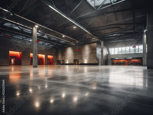 Arena concourse with flowing concrete floors stretching past vendor stands under overhead lights