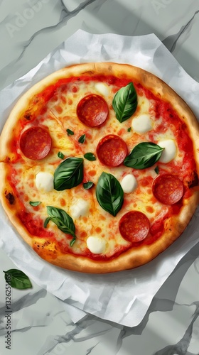 Freshly Baked Pepperoni Pizza Topped With Basil on a Marble Countertop