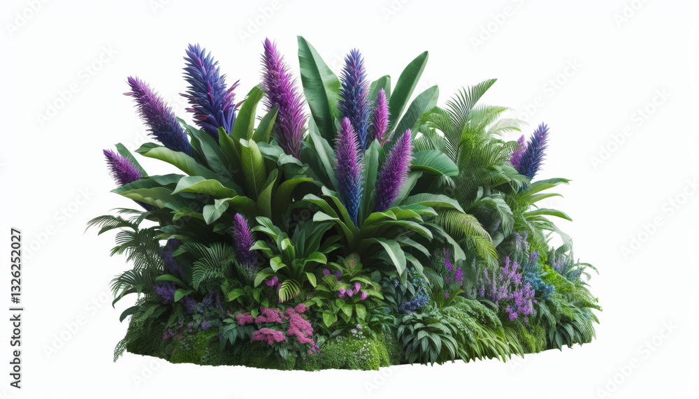 Fototapeta premium Tropical trees, purple flowers with white fence, bushes, green shrubs, trees on white background.
