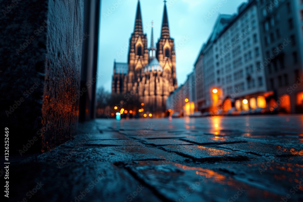 Naklejka premium Wet cobblestone street leading to a glowing gothic cathedral at dusk, with atmospheric streetlights reflecting on the pavement