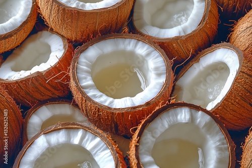 Freshly Cracked Coconuts Surrounded by Their Shells at a Tropical Market Display