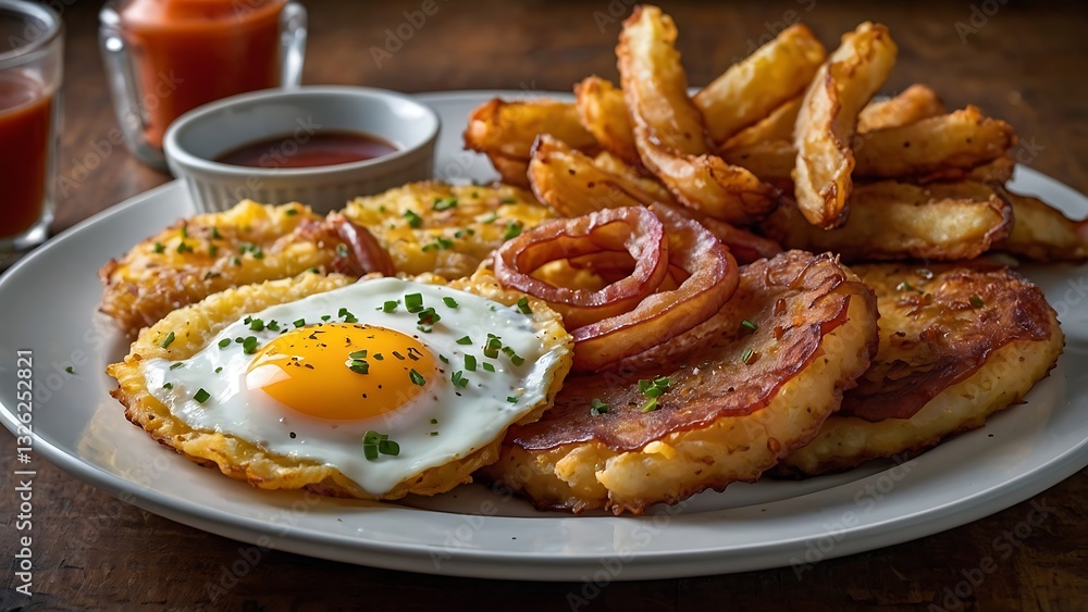 Classic Fried Breakfast with Sunny Side Egg, Bacon, Onion Rings, and Rustic Fries Classic Fried Breakfast with Sunny Side Egg, Bacon, Onion Rings, and Rustic Fries