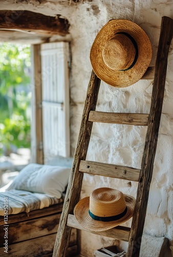 Straw Hats on Wooden Ladder in Rustic Interior With Natural Light and Cozy At...