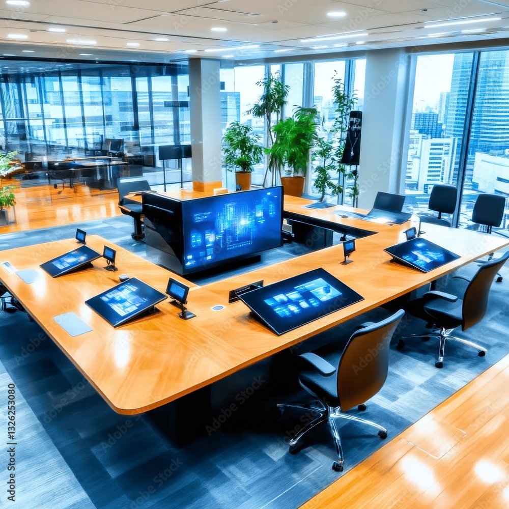 Naklejka premium Modern Office Space with Advanced Technology and Large Windows