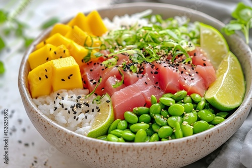 Fresh Sushi Bowl With Tuna, Mango, and Edamame Served in a Stylish Ceramic Dish